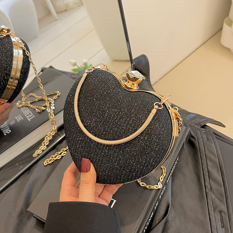 Ladies Fashion Shining Chain Crossbody Bag, Elegant Shoulder Heart Shaped, Metal Embellished, Black, with Buckle Closure, for Party, Wedding, Date